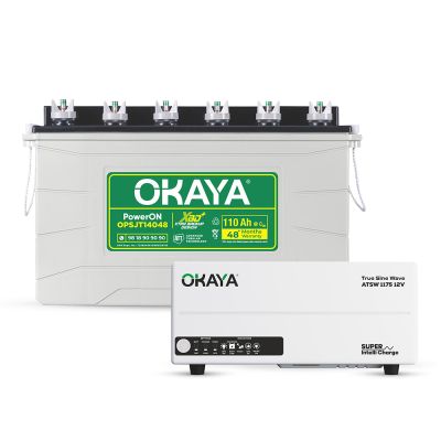 Okaya Advanced True Sine Wave Inverter (ATSW 1175 12V - 925VA) & XBD+ Certified SJT Battery (OPSJT14048 110Ah/12V) Combo | Complete Power Pair For Home, Office & Shops