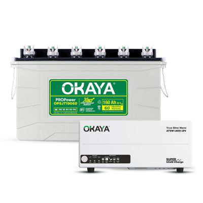 Okaya Advanced True Sine Wave Inverter (ATSW 1400 12V - 1150VA) & XBD+ Certified SJT Battery (OPSJT19060 160Ah/12V) Combo | Complete Power Pair For Home, Office & Shops
