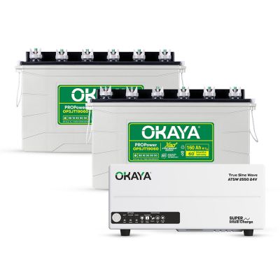 Okaya Power Pair | Advanced Inverter & Battery Combo | ATSW 2550 24V UPS/Inverter (2000VA) & 2× XBD+ Certified SJT Battery (OPSJT19060 160Ah/12V) | For Home, Office & Shops