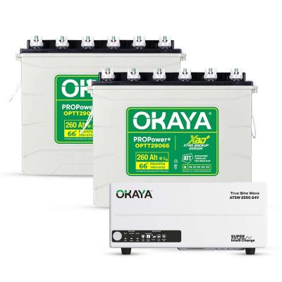 Okaya Power Pair | Advanced Inverter & Battery Combo | ATSW 2550 24V UPS/Inverter (2000VA) & 2× XBD+ Certified Tall Tubular Battery (OPTT29066 260Ah/12V) | For Home, Office & Shops