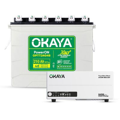 Okaya Advanced True Sine Wave Inverter (ATSW 950 12V - 700VA) & XBD+ Certified Tall Tubular Battery (OPTT24048 210Ah/12V) Combo | Complete Power Pair For Home, Office & Shops